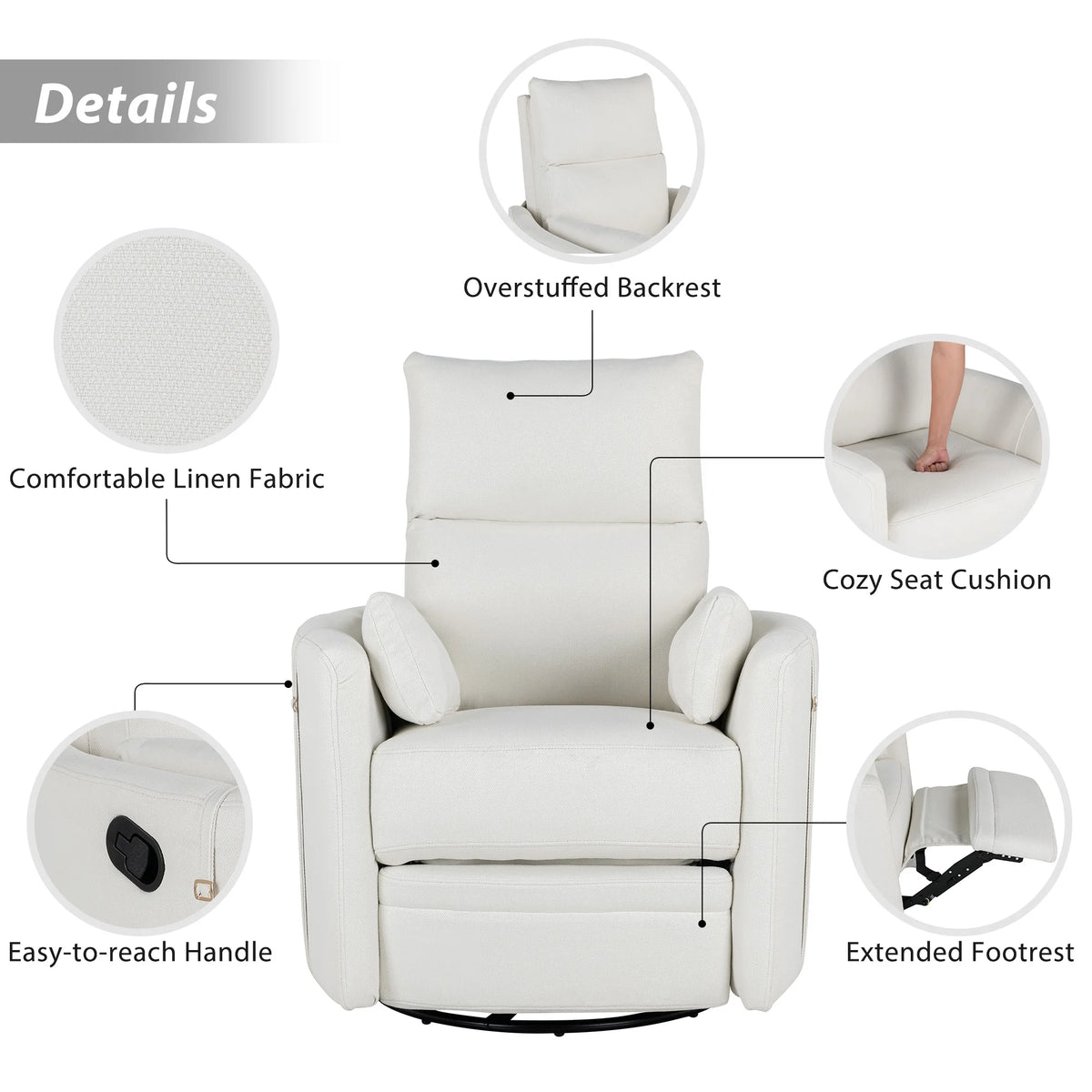 Beige Manual Swivel Glider Recliner Chair with Two Removable Pillows C420055
