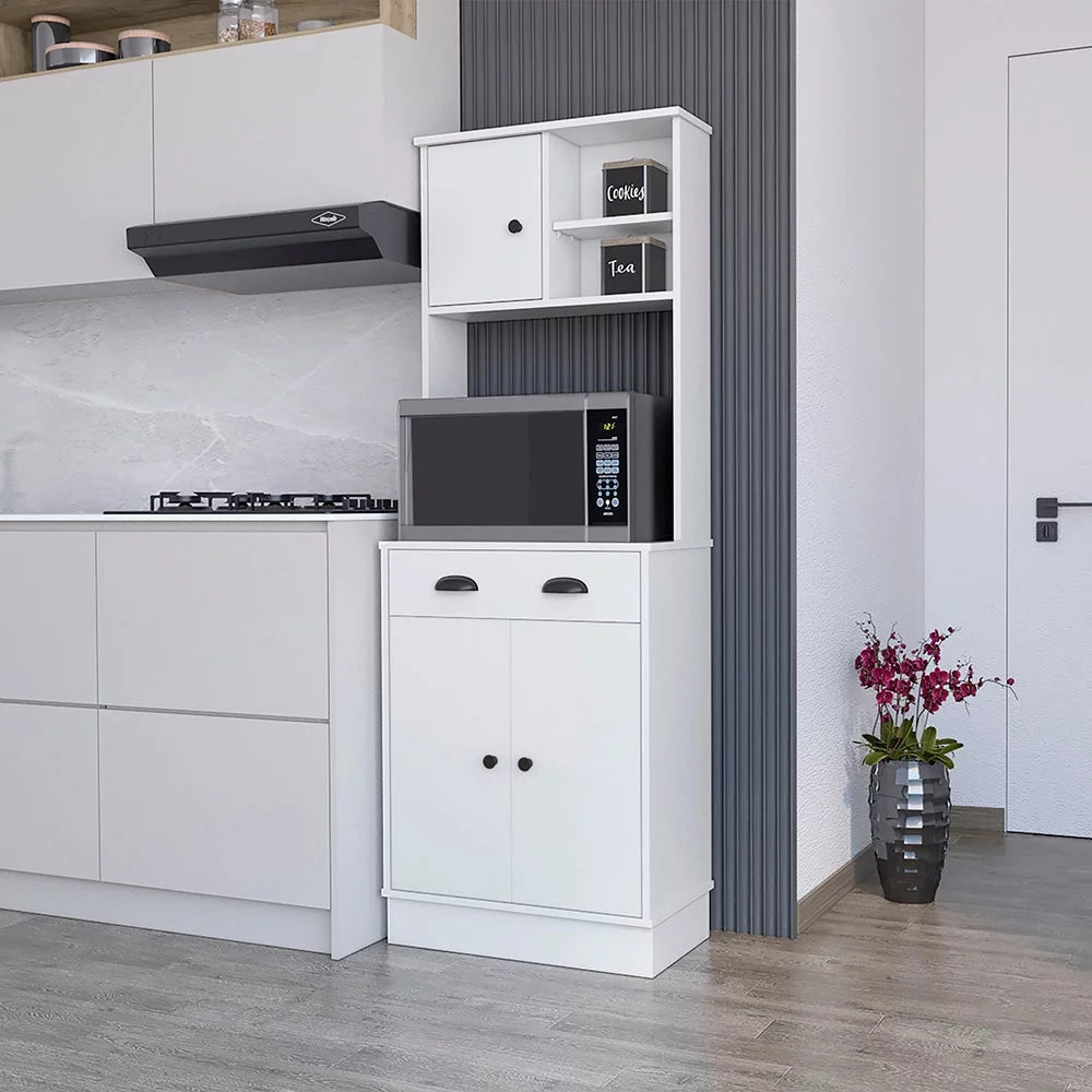 White Microwave Storage Stand with 3 Doors and Drawer D179488