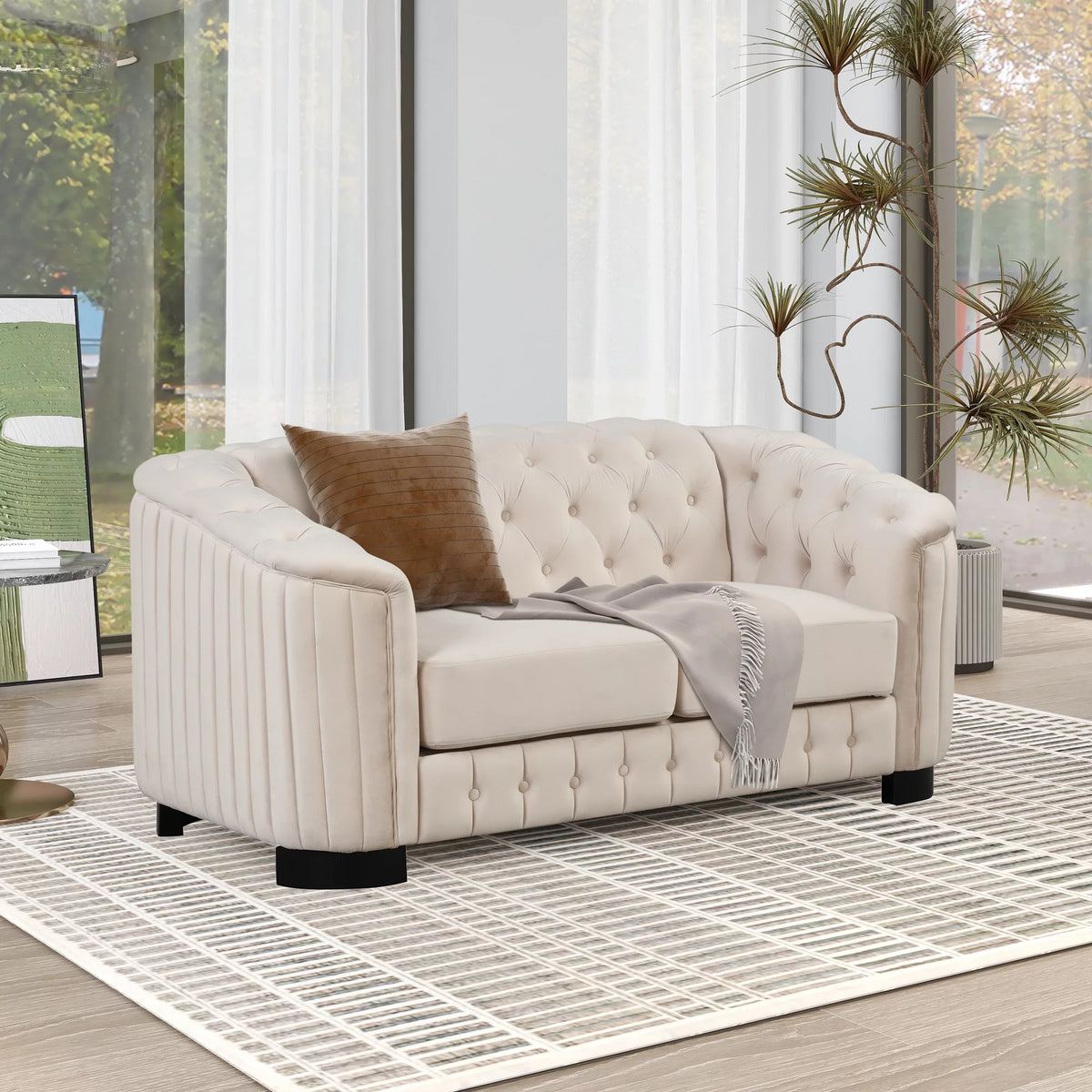 Beige Velvet 3-Piece Sofa Set with Rubber Wood Legs B23901