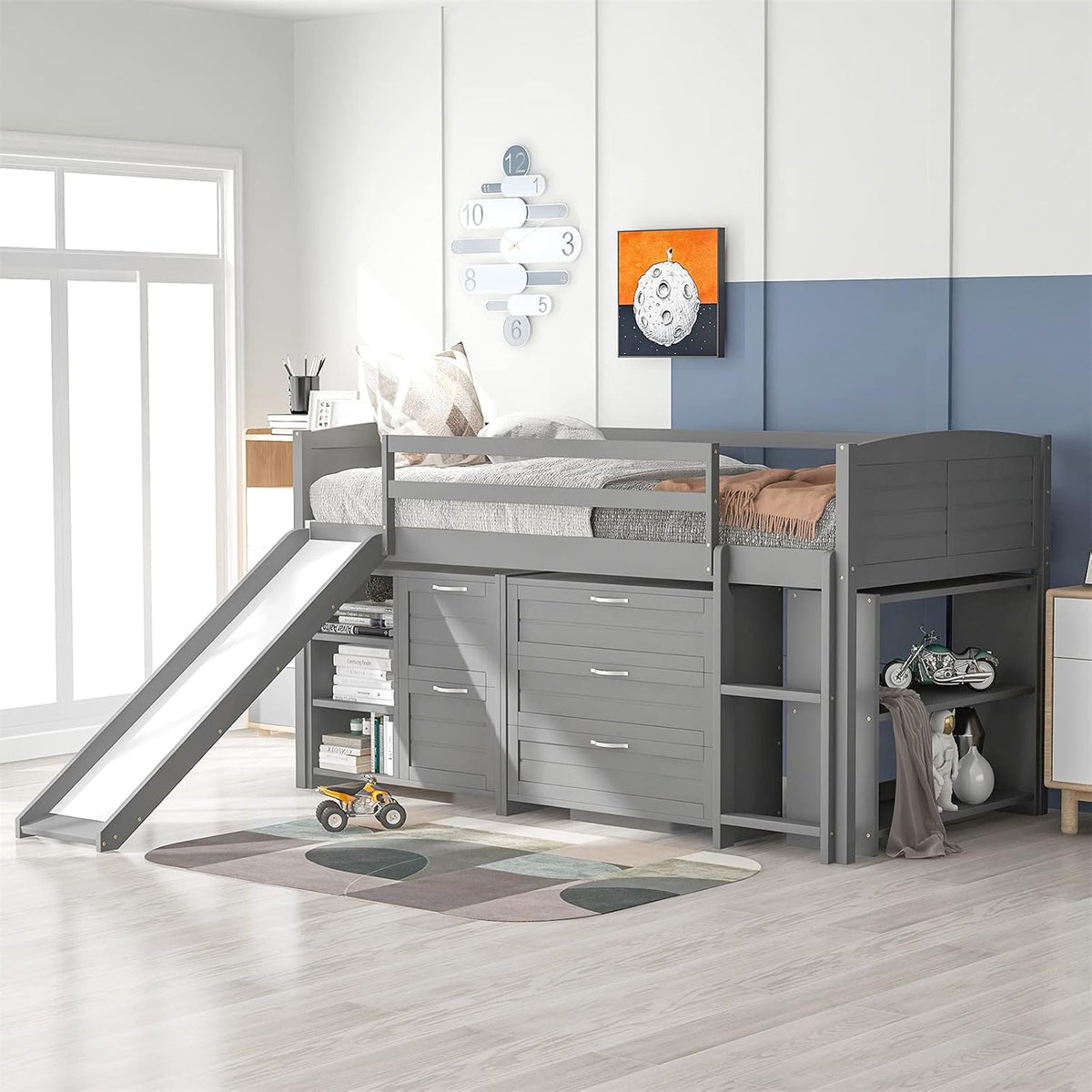 Twin Wooden Loft Bed with Slide, Cabinet Drawers and Book Shelves W223