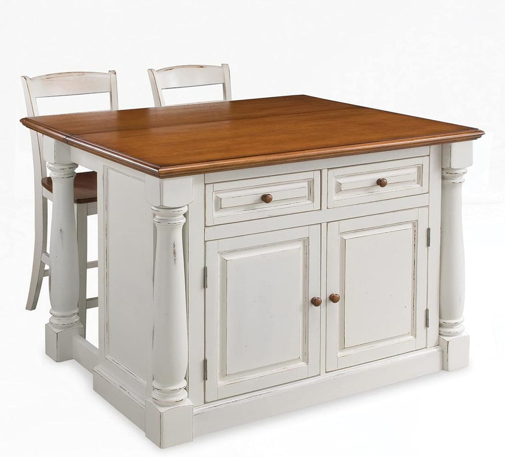 Antique White Kitchen Island with Wood Top and Drop Leaf Breakfast Bar V79116
