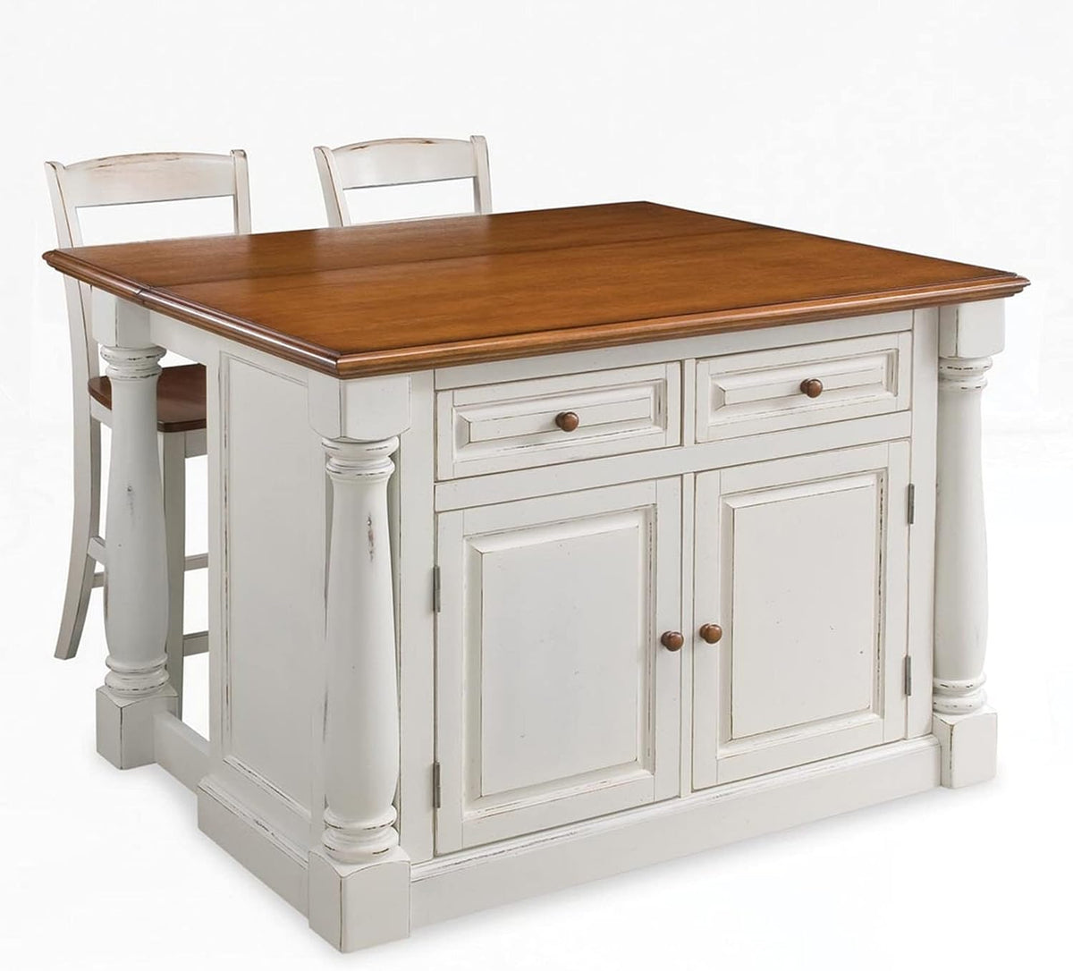 Antique White Kitchen Island with Wood Top and Drop Leaf Breakfast Bar V79116