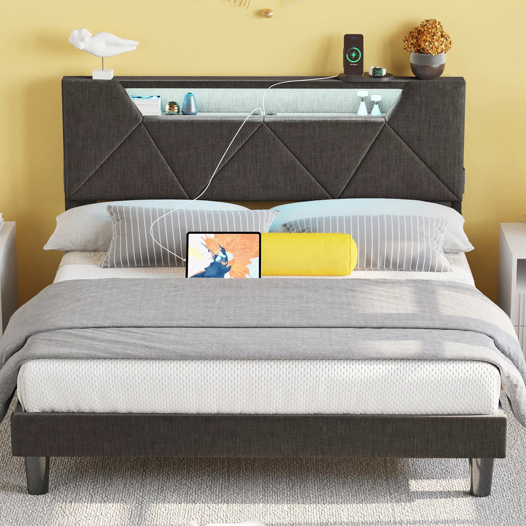 Grey Upholstered Platform Bed Frame with Storage Headboard W855992