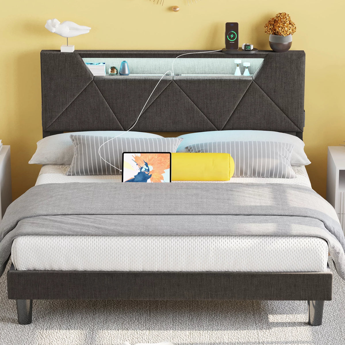 Grey Upholstered Platform Bed Frame with Storage Headboard W855992