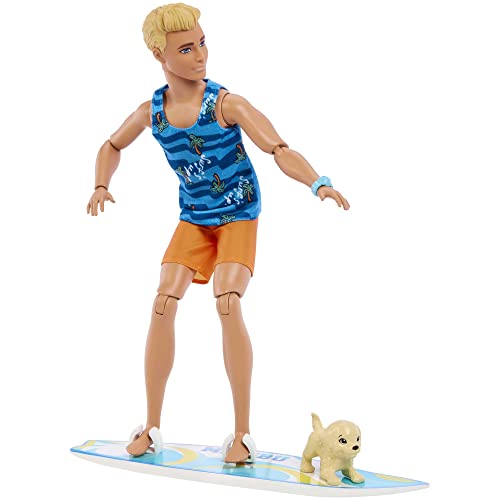 Poseable Blonde Ken Beach Doll with Surfboard and Pet Puppy H166