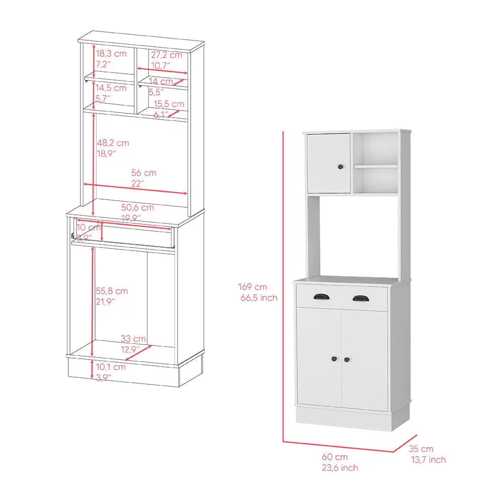 White Microwave Storage Stand with 3 Doors and Drawer D179488