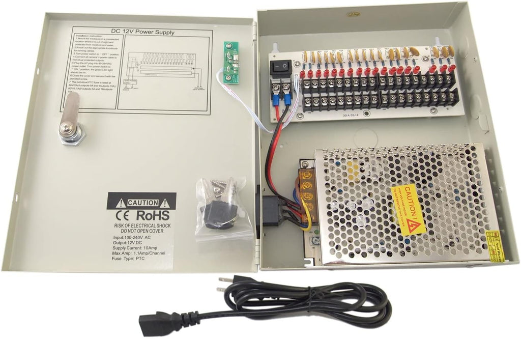 16 Channel 12 Volt DC Output CCTV Power Supply Box with 18 Pcs DC Male Pigtail R549
