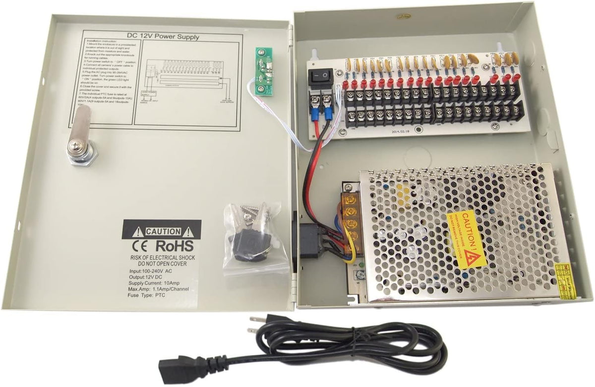 16 Channel 12 Volt DC Output CCTV Power Supply Box with 18 Pcs DC Male Pigtail R549