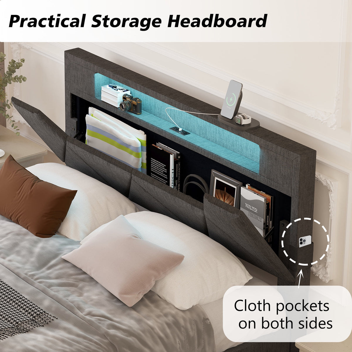 Grey Upholstered Platform Bed Frame with Storage Headboard W855992
