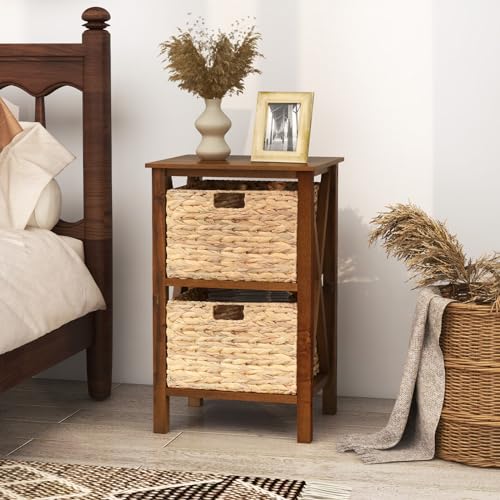 2-Tier Nightstand with Wicker Baskets Set of 2, Walnut U5975