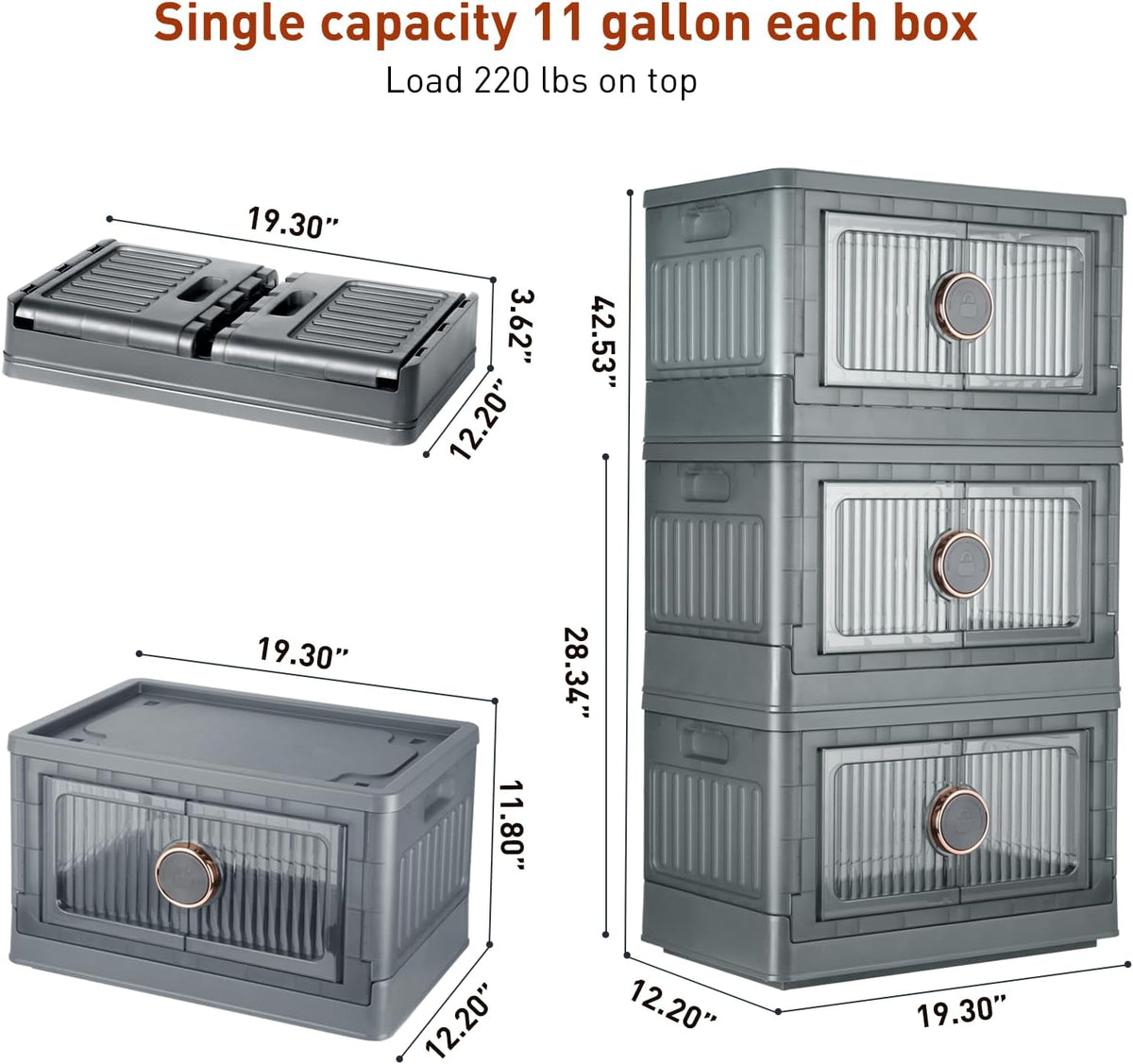 48QT Folding Plastic Storage Bins with Lids and Wheels, 3 Pack G6779