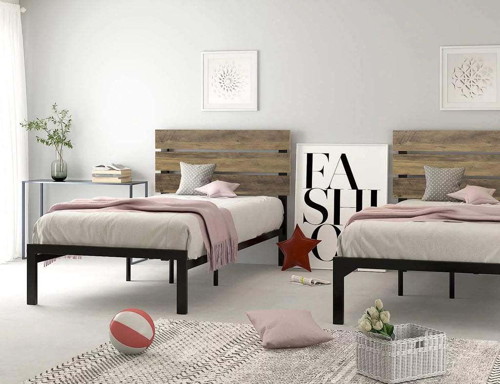 Twin Rustic Style Metal Platform Bed with Headboard and Metal Slats, Brown I118740