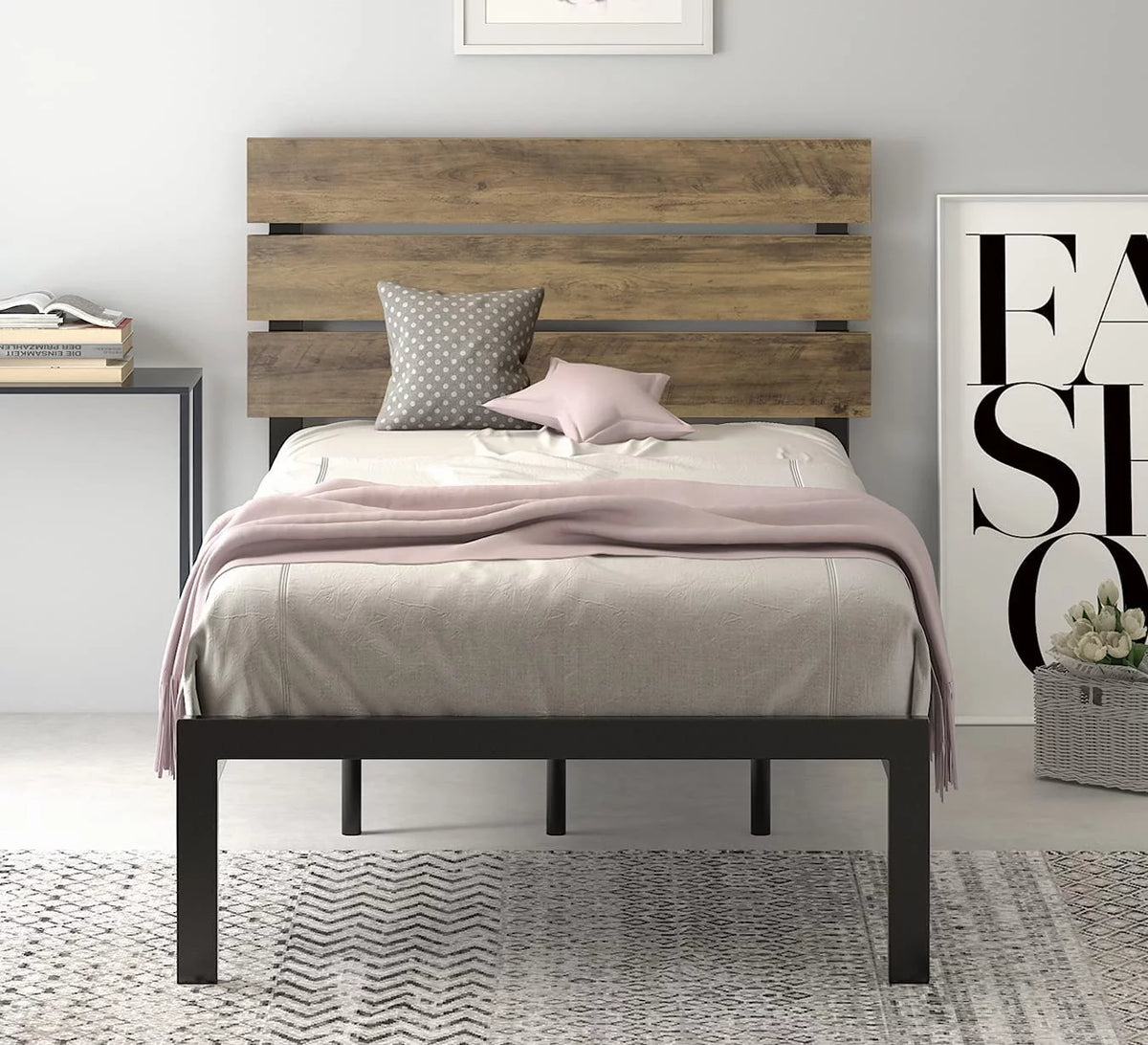 Twin Rustic Style Metal Platform Bed with Headboard and Metal Slats, Brown I118740