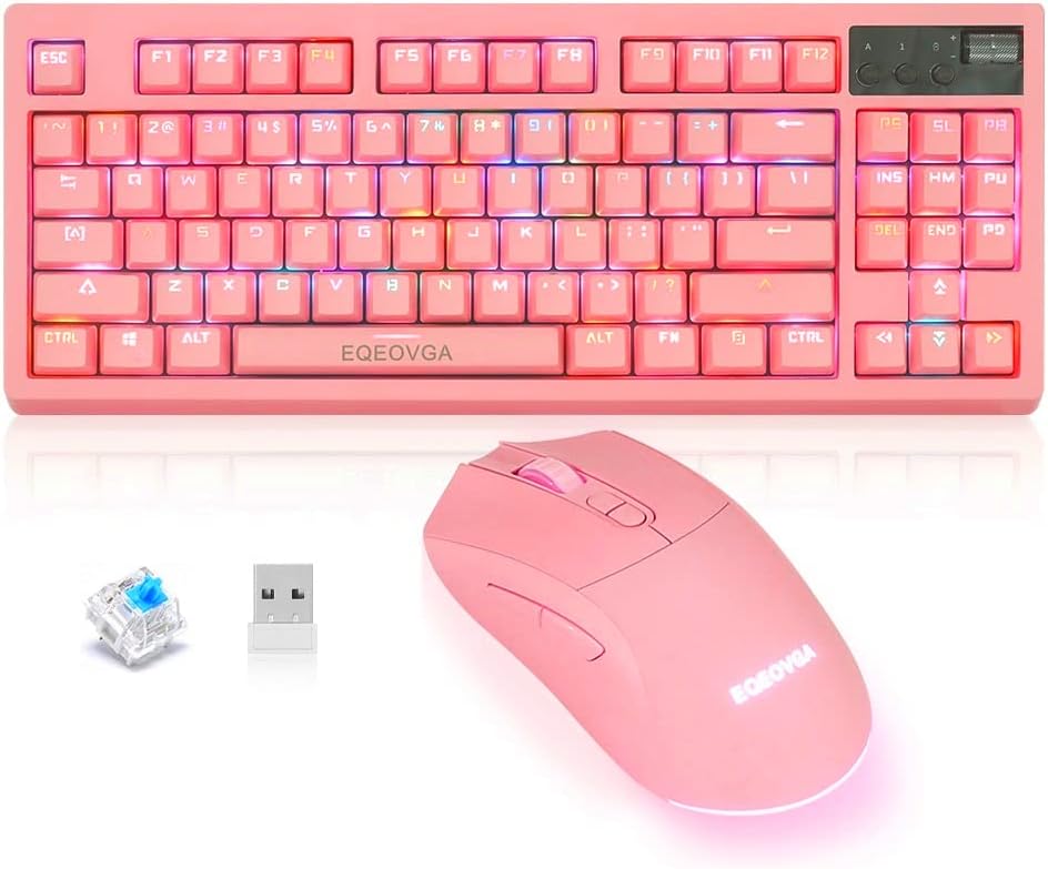Pink Wireless Mechanical Keyboard and Mouse Combo 87 Keys 2.4G Anti-ghosting Waterproof 4000DPI Backlight Mouse Rechargeable K819304