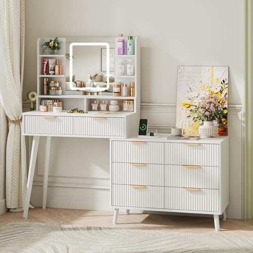 White L Shape Vanity Desk with Mirror and Lights, 8 Drawers & Shelves R471491
