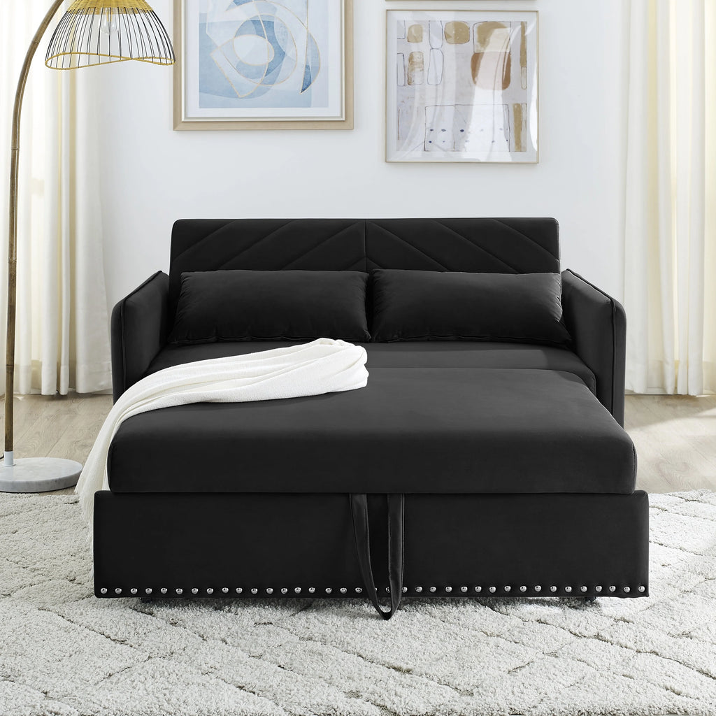 55" Black Velvet Convertible Sleeper Sofa with USB Ports E139313