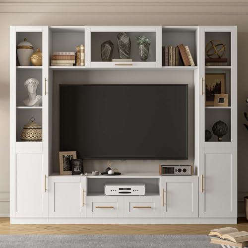 White TV Stand with Glass Doors & Shelves J3337