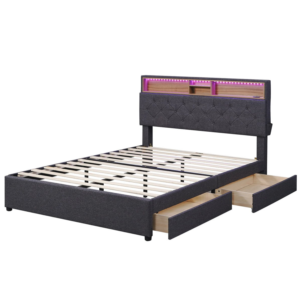 Upholstered Full Platform Bed with Shelf and 2 Drawers X269048