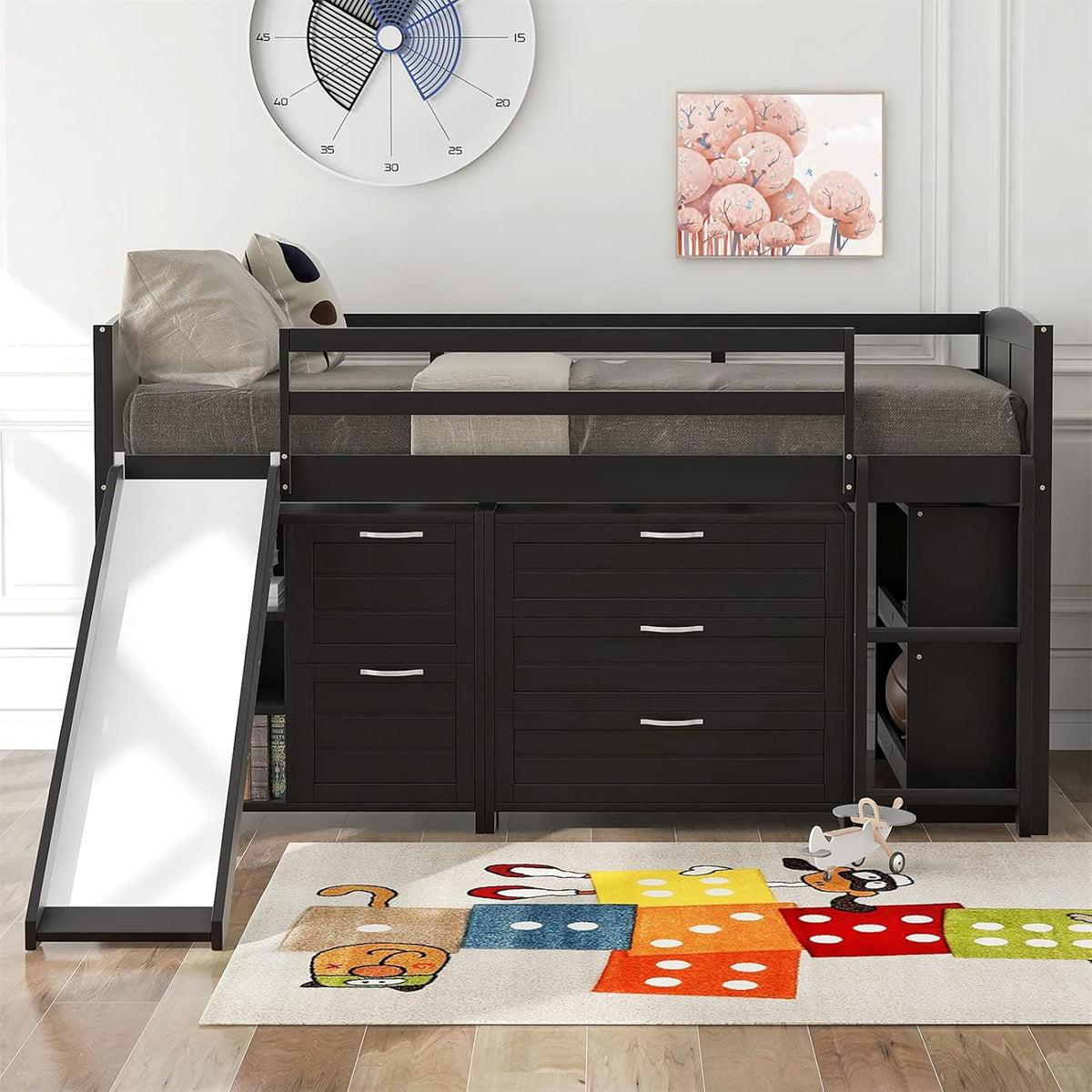 Twin Wooden Loft Bed with Slide, Cabinet Drawers and Book Shelves W223