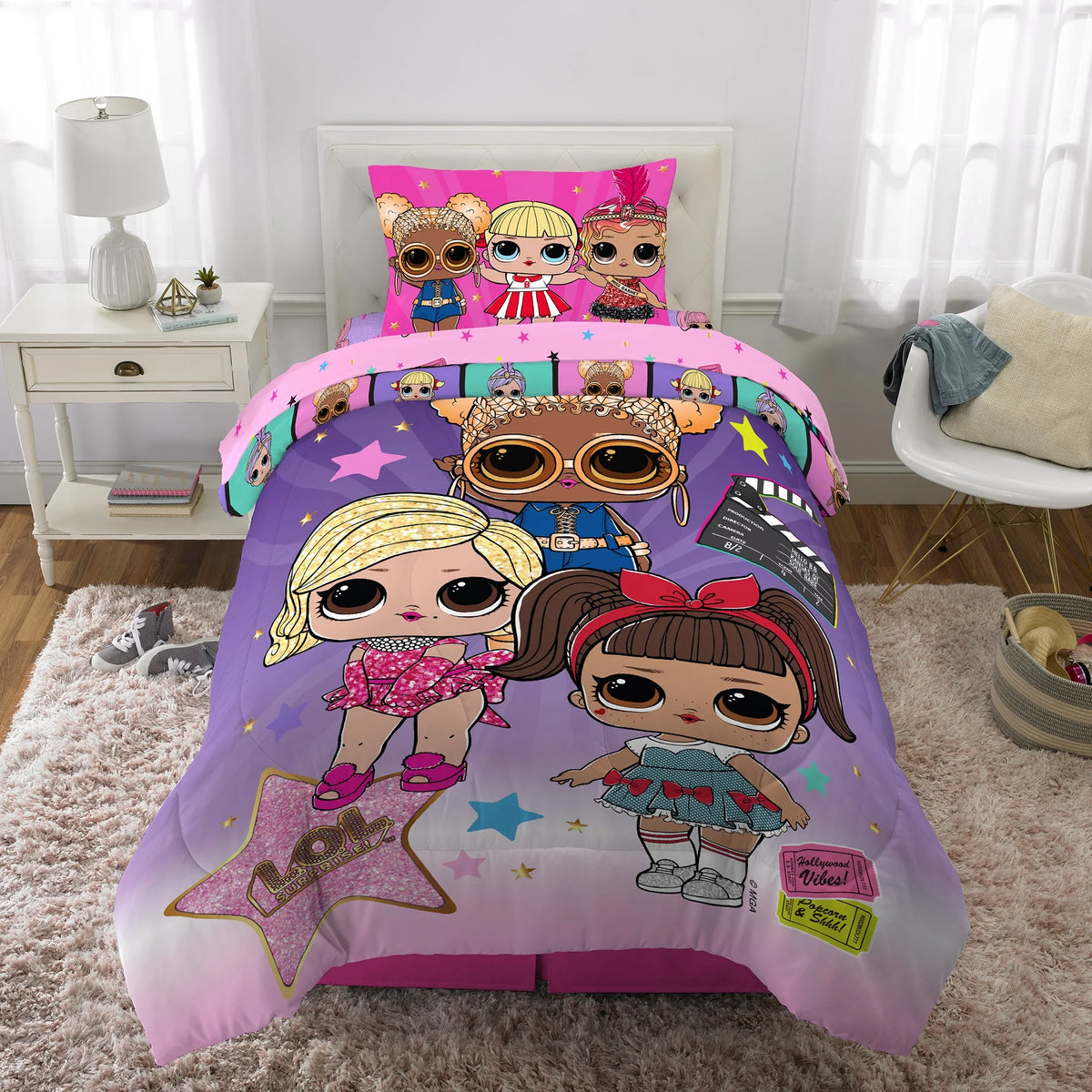 Kids Twin Bed in a Bag, Comforter and Sheets, Purple and Pink A53177