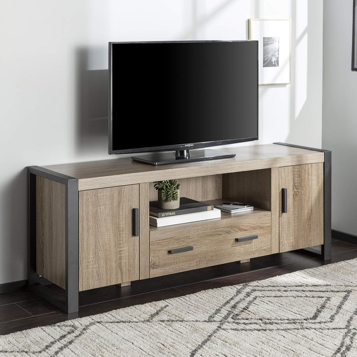 70 Inch Charcoal Wood TV Stand with Cabinet Doors K142