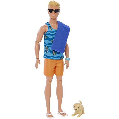 Poseable Blonde Ken Beach Doll with Surfboard and Pet Puppy H166