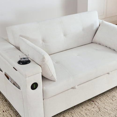 White Chenille 2-Seater Convertible Sofa Bed with USB Power Outlet Z80109