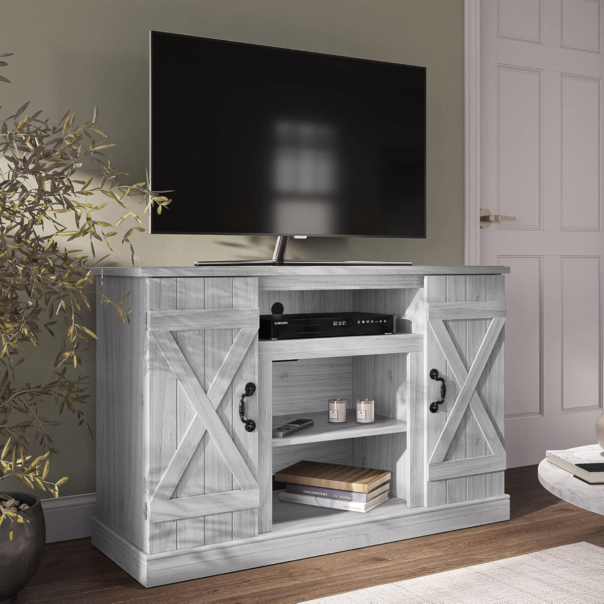 Industrial Electric Fireplace TV Stand with Open Storage Shelves A1213