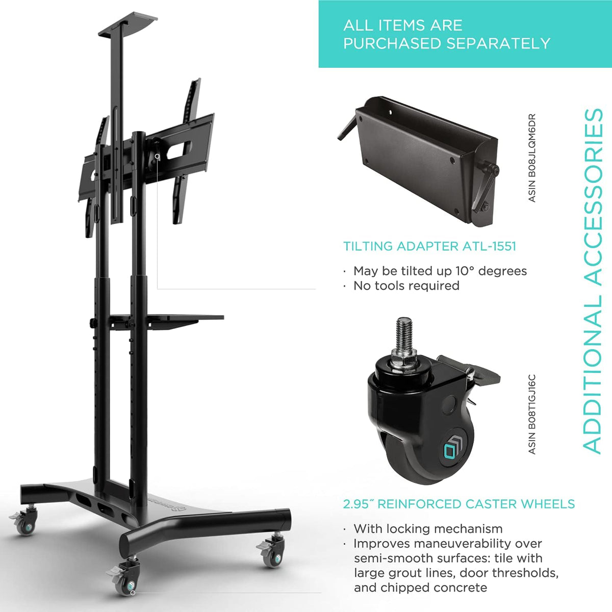 Black Mobile TV Stand with Wheels Shelves Height Adjustable T29132