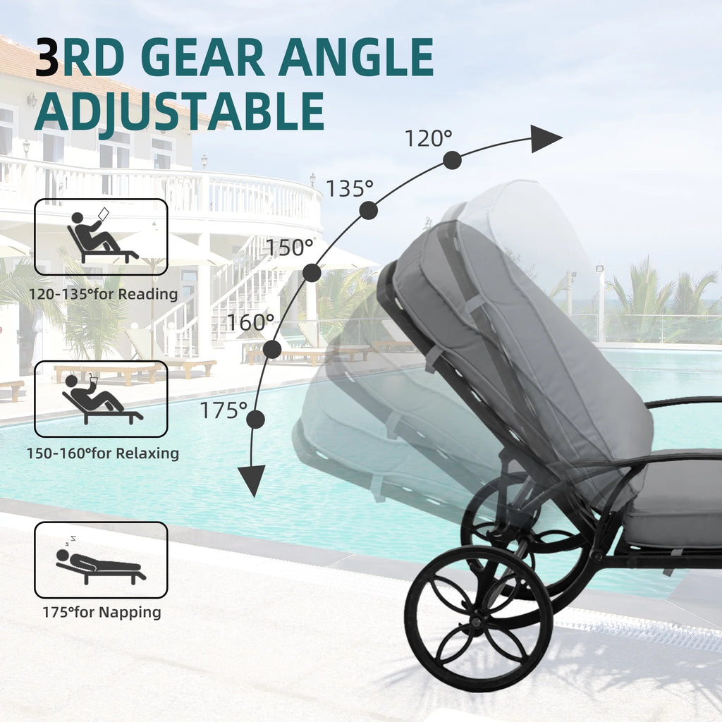 Outdoor Chaise Lounge Chair Cast Aluminum with Wheels and Adjustable Reclining P67542