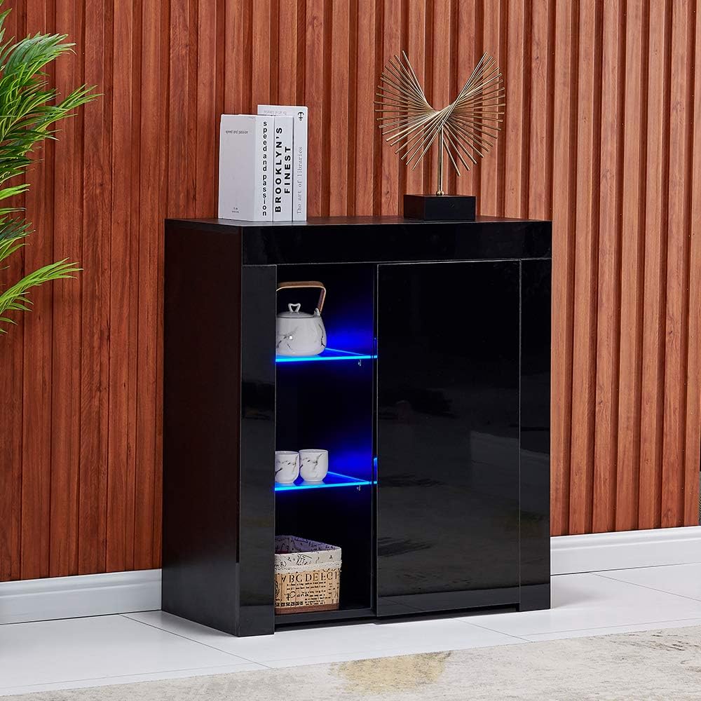High Gloss Sideboard with 3 Shelves Cabinet Cupboard with LED Light E680
