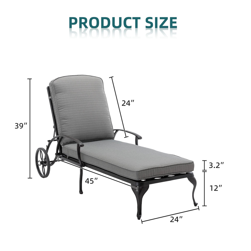 Outdoor Chaise Lounge Chair Cast Aluminum with Wheels and Adjustable Reclining P67542