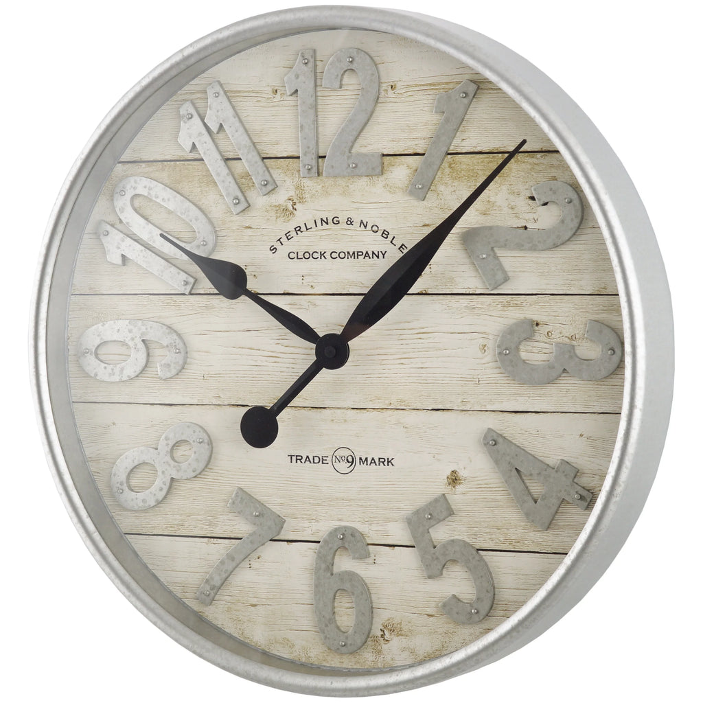 White and Galvanized Raised Analog Wall Clock U539