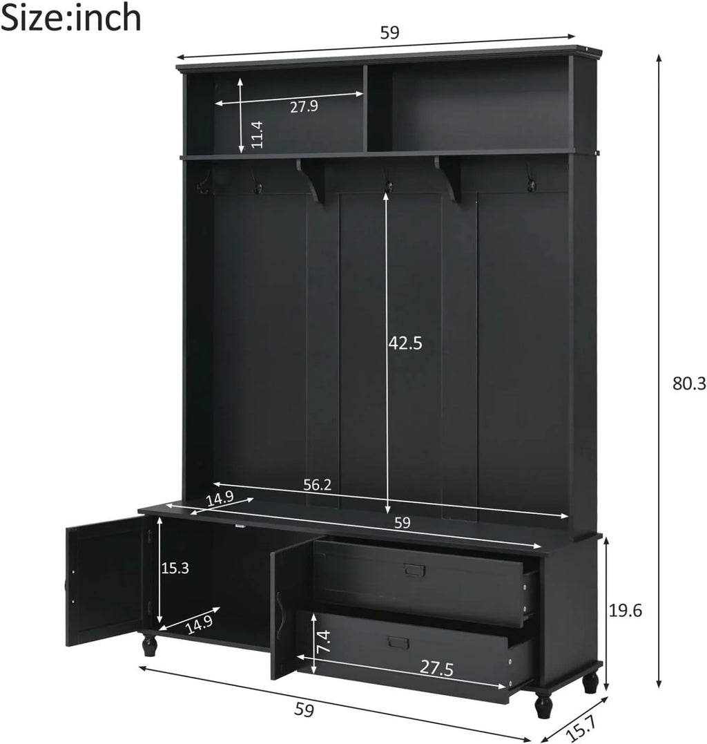 Black Hall Tree with Storage Cabinet and 2 Drawers F177833