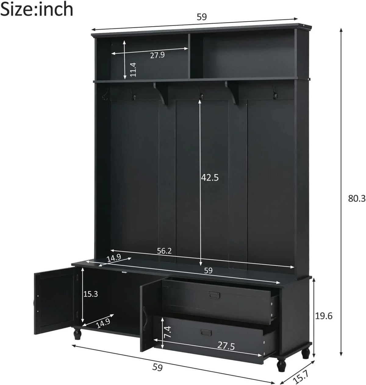 Black Hall Tree with Storage Cabinet and 2 Drawers F177833