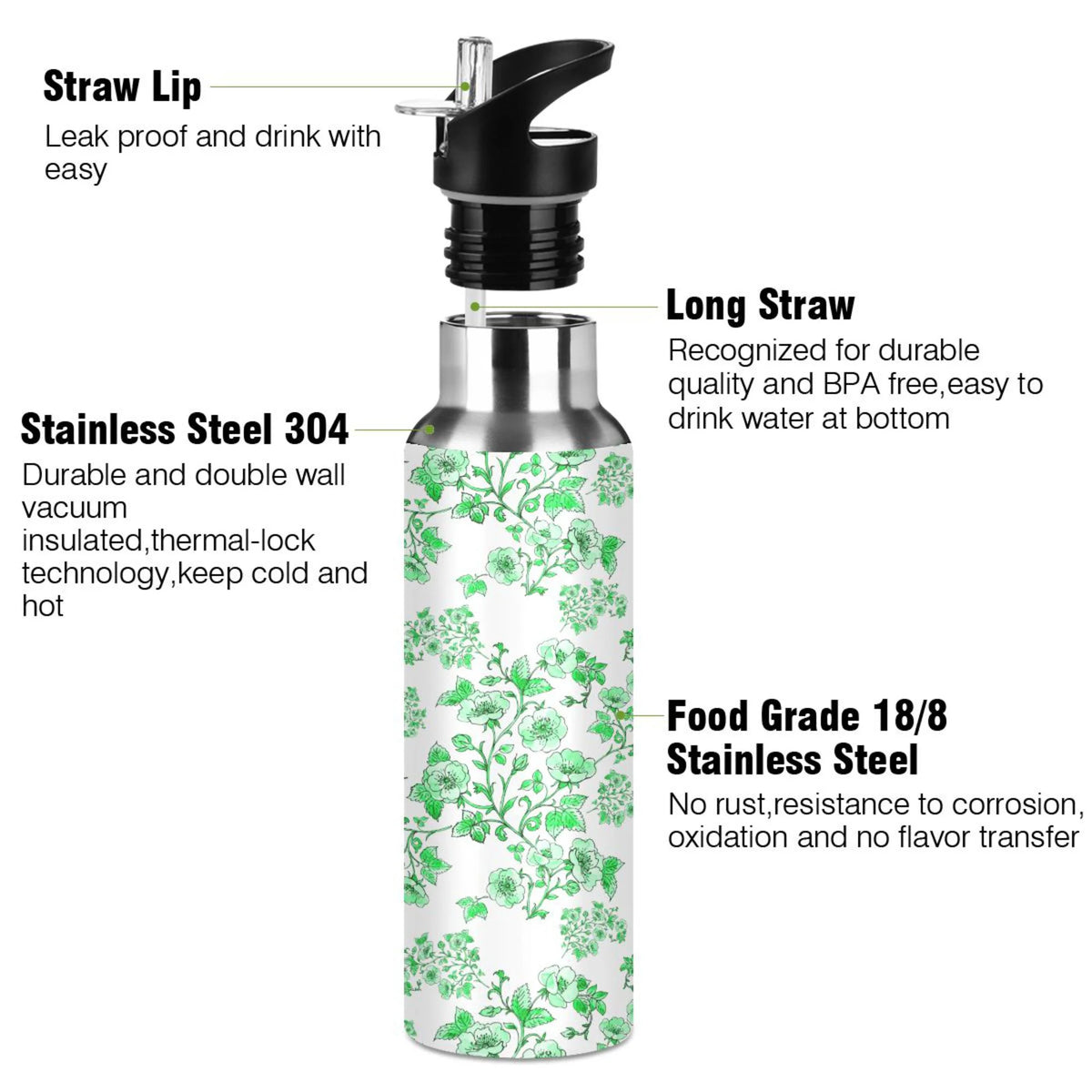 Green Peony Floral Stainless Steel Insulated Water Bottle with Straw Lid P5970