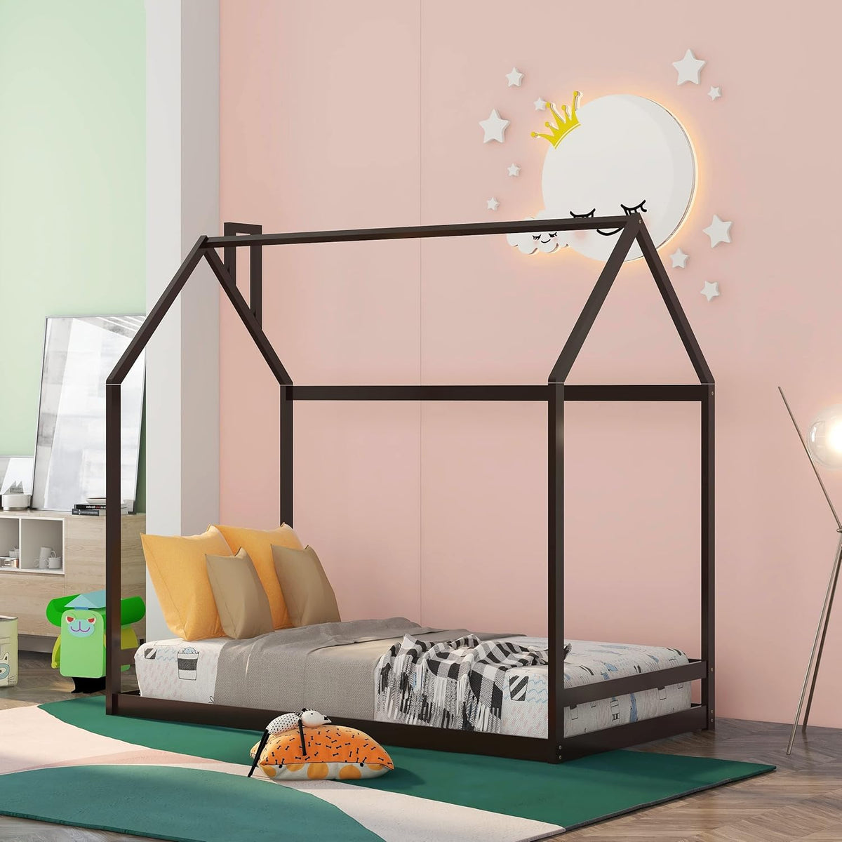 White Full Size Pine Wood Cabin Bed with Guardrails H7551