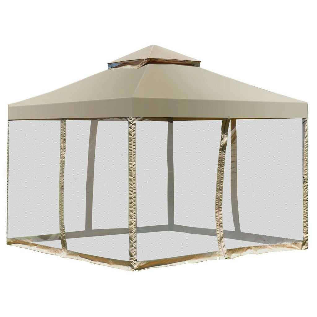 Tan Brown Polyester Gazebo with Mesh Side Walls Q2679
