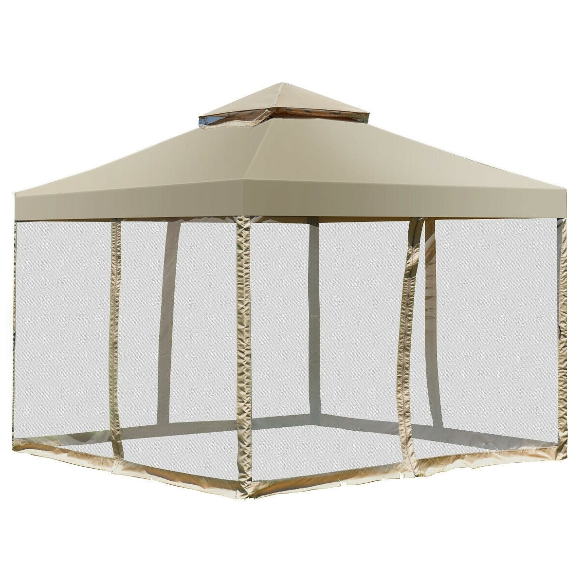 Tan Brown Polyester Gazebo with Mesh Side Walls Q2679