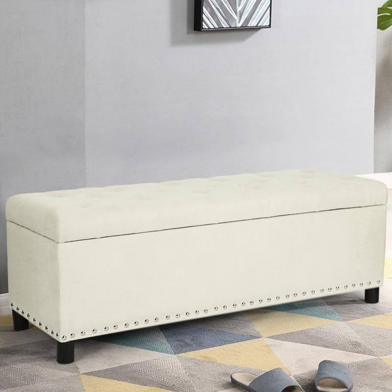 Beige Linen Storage Ottoman Bench with Nailhead Trim C182
