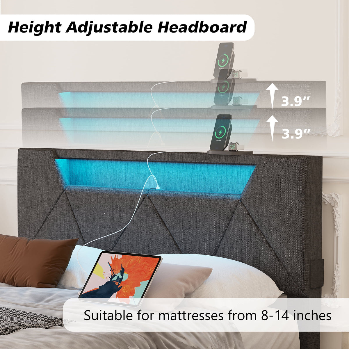 Grey Upholstered Platform Bed Frame with Storage Headboard W855992