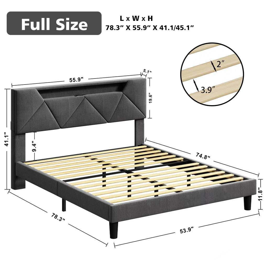 Grey Upholstered Platform Bed Frame with Storage Headboard W855992