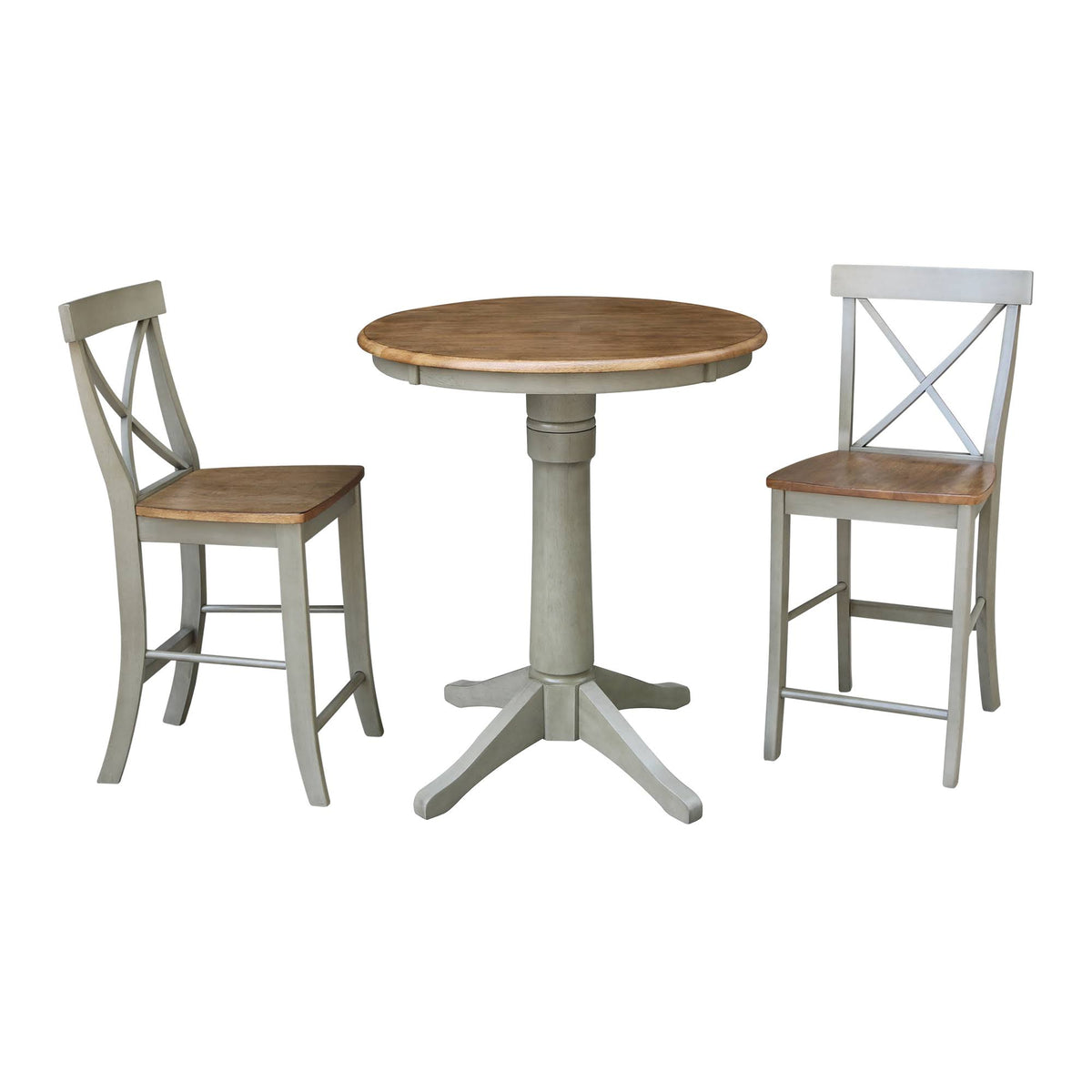 30 in. Round Pedestal Gathering Table with 2 Counter Height Stools Hickory F5859