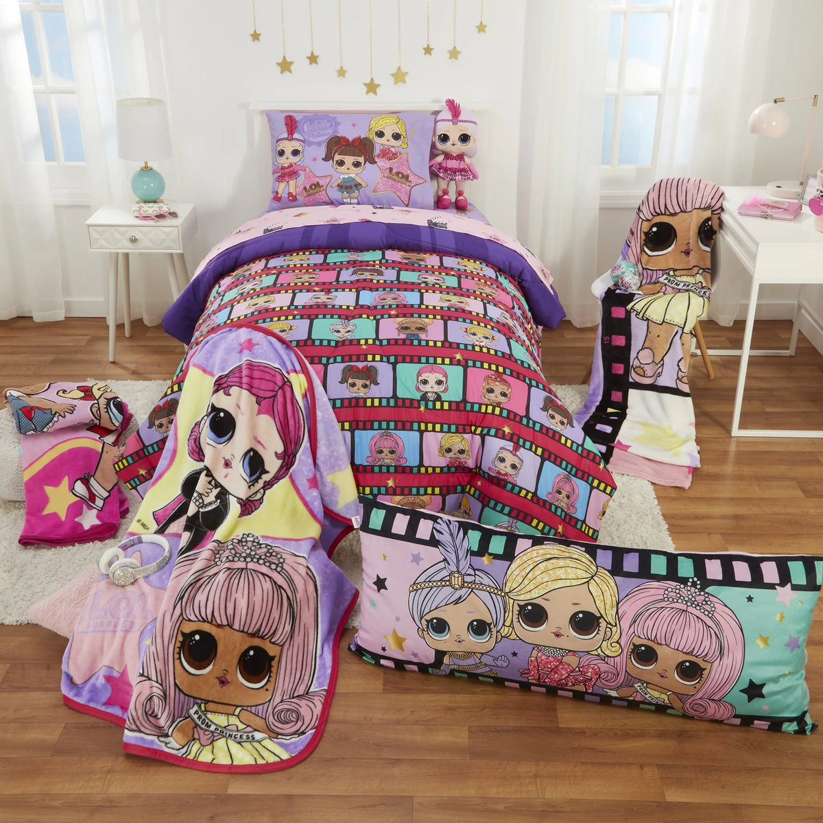 Kids Twin Bed in a Bag, Comforter and Sheets, Purple and Pink A53177