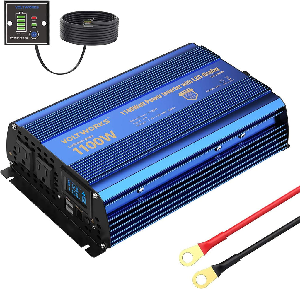 1100 Watt 12V to 120V Modified Sine Wave Power Inverter with LCD Display Remote Control 2 AC Outlets Dual 2.4A USB Ports M86368