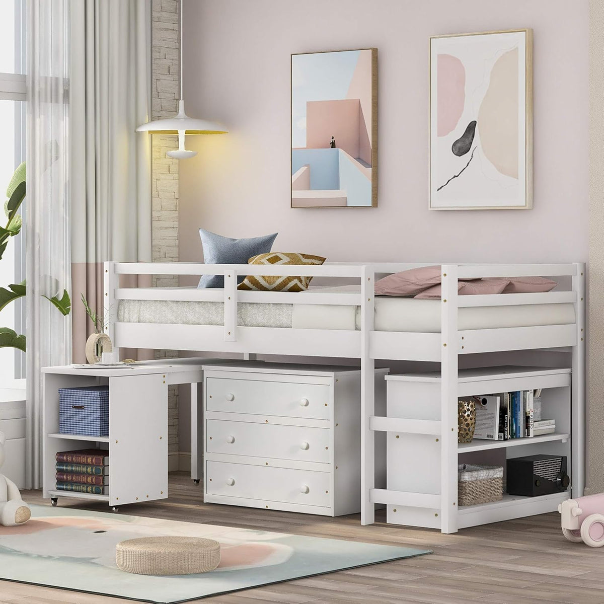 Twin Low Loft Bed with Desk and Cabinet Wooden Bed Frame X9988