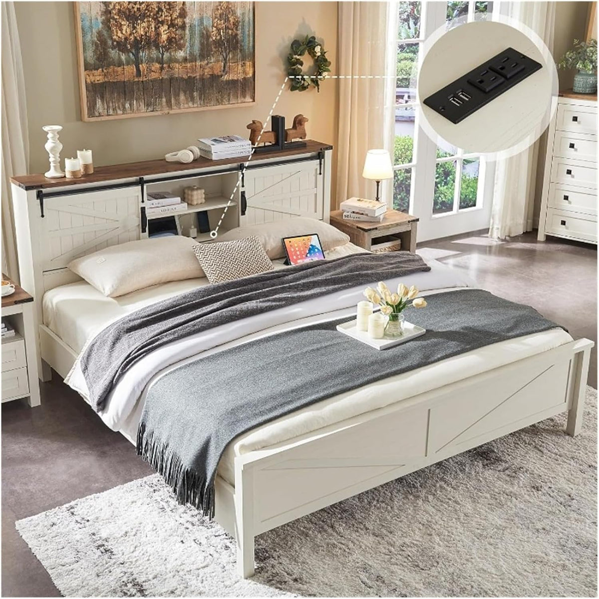 Queen Size Bed Frame with Storage Bookcase Headboard with Sliding Barn Door K188
