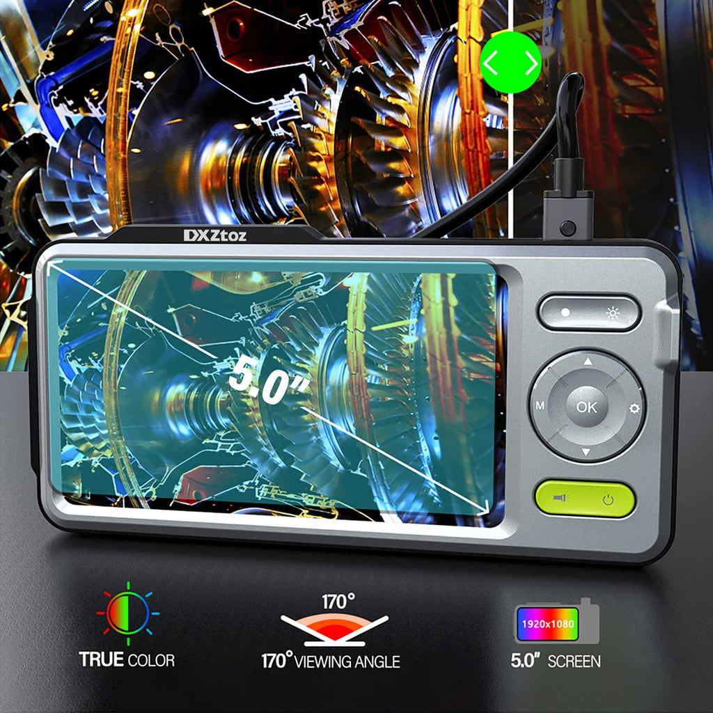 50FT Dual-Lens Industrial Endoscope 5'' IPS Screen Waterproof with Light B9220