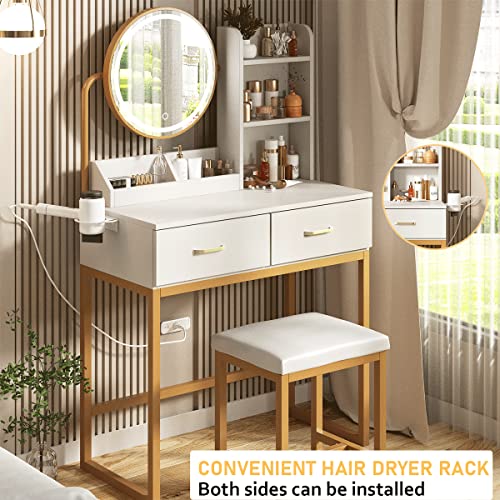 Brown Makeup Vanity Desk with Round Mirror and Lights, 2 Drawers M131330