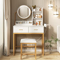 Brown Makeup Vanity Desk with Round Mirror and Lights, 2 Drawers M131330